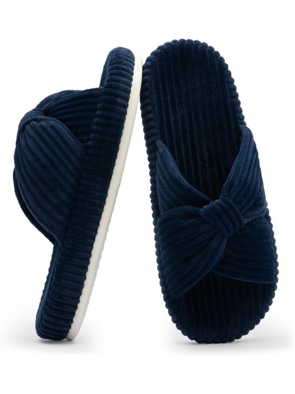 Women's Navy Blue Memory Foam House Corduroy Bow Crossbands Comfy Slipper Shoes